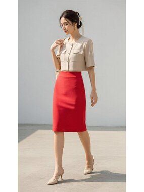 Kasper Petite Red Pencil Skirt 12P Mid-Length Lined Slim Fit Professional Wear